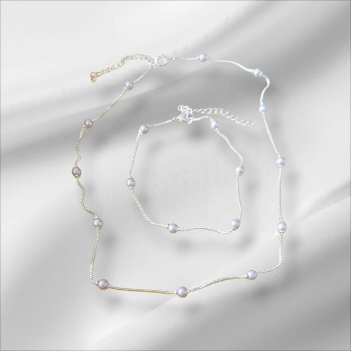 Conjunto de Colar e Pulseira com Pérolas e Cordão em Prata - Imagem 2