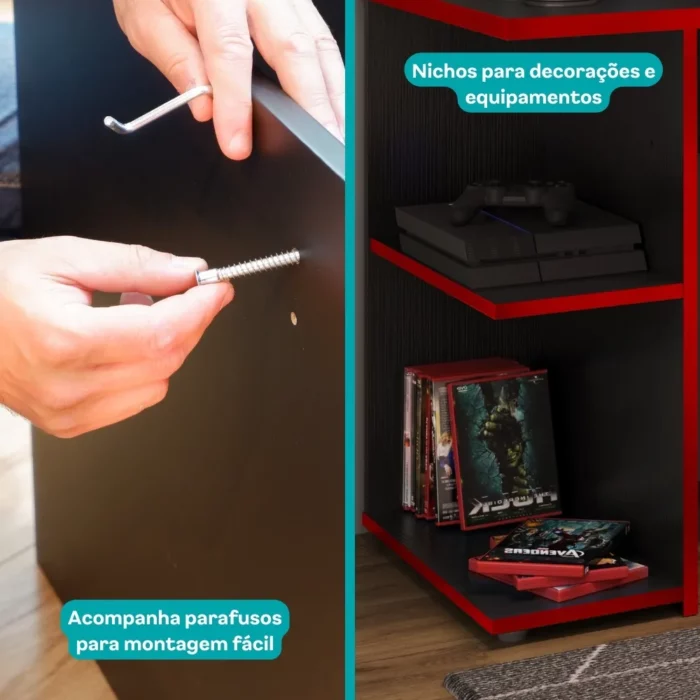 Mesa Gamer Escrivaninha para Computador 1147 Carraro Preto com Vermelho - Imagem 6